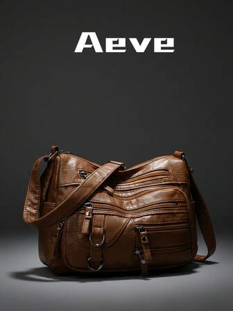 女士纯色大容量手提包，多口袋拉链复古优雅斜挎包，配小皮肩带、侧袋，PU皮革户外购物妈妈包，轻便便携小袋可装手机和零钱，适合购物、聚会、商务场合