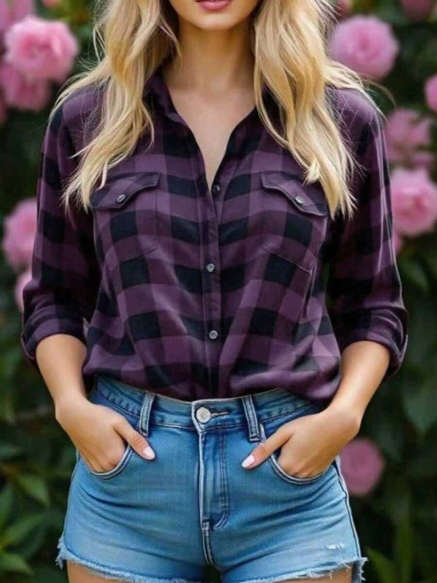 Women's Casual Long Sleeve Regular Blouse Spring - Purple - View 1