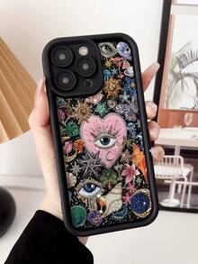 1件装时尚个性化心形眼睛水钻拼贴艺术图案黑色防震防指纹全包软壳手机壳，兼容 16 Pro Max/16/16 Pro/16 Plus/15/15 Pro Max/15 Pro/11/12/13/14 Pro Max/11 Pro/11 Pro Max/12 Pro/12 Pro Max/13 Pro/13 Pro Max/14 Pro/14 Pro Max，创意高级设计 - 彩色 - 查看 2