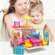 Portable Campervan Toy Set, Role-Playing Scene Dollhouse Mini House, Family Toy, Openable Miniature Campervan, Dollhouse, Role-Playing, Suitable For Girls Aged 3, 4, 5, And 6 As Gifts, Holiday Surprises, Growth Rewards, And Educational Toys. - Pink - View 3