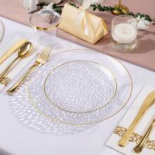 Zerulis 175pcs Clear Gold Plastic Plates, Fancy Plastic Dinnerware Set, Hammered Party Plates, Elegant Tableware Set Includes 25 Dinner Plate, 25 Dessert Plate, 25 Cups, 25 Napkins Perfect For Wedding & Party - 金色 - 查看 2