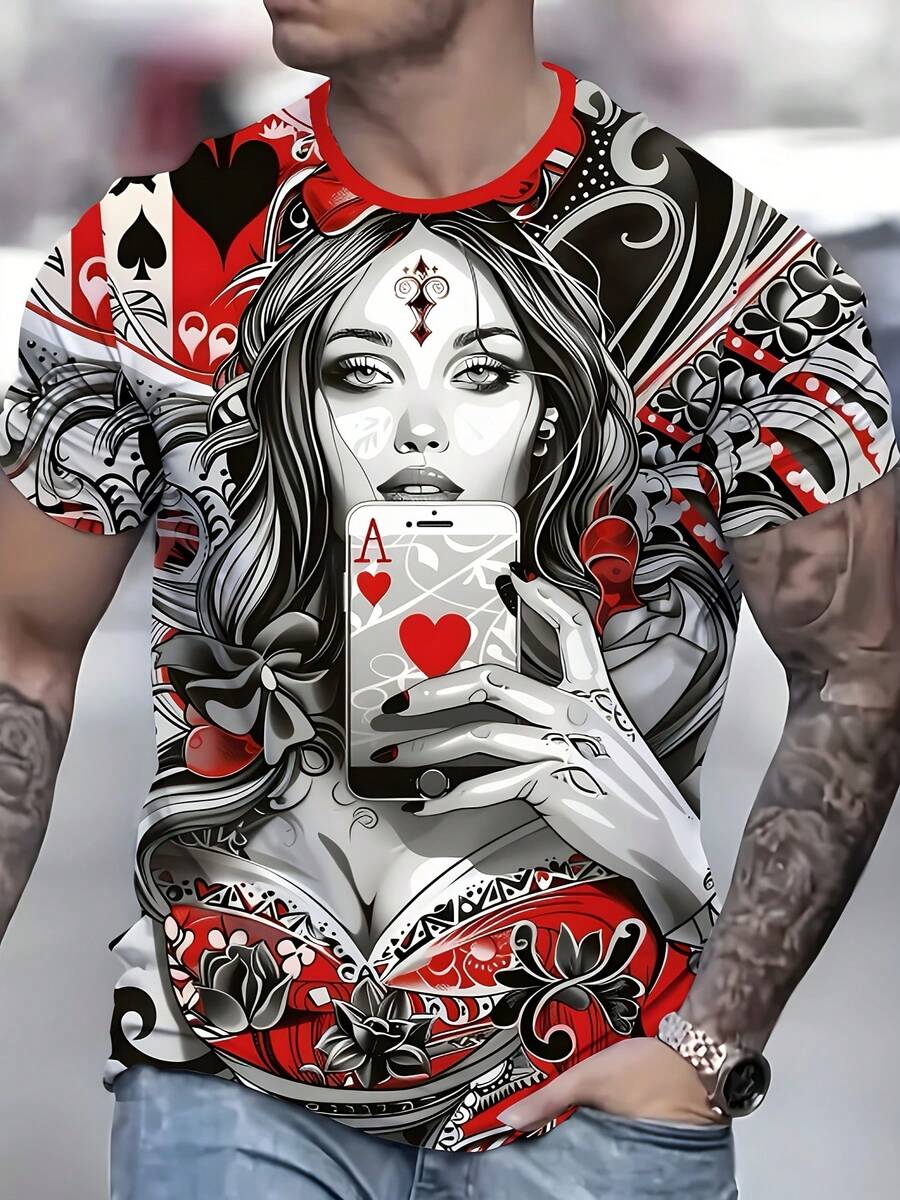 Spades A Card Men's 3D Printed Graphic T-Shirt - Vibrant Full-Body Artistic Design, Breathable Round Neck Short Sleeve, Summer Casual Wear, Machine Washable Holiday Gift, Bold Pattern Shirt, Durable Fabric Shirt - 混合色 - 查看 1