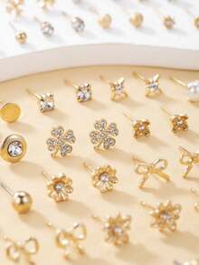 60 Pair Set Elegant Simple Rhinestone Flower, Heart-Shaped, Bow Earring Set, Jewelry/Earrings For Teenagers, Valentine's Day Gift, Mother, Mother's Day, Gift - Multicolor - View 4