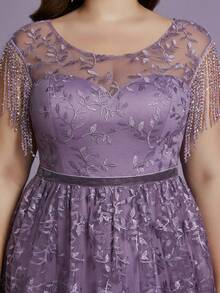 Anpoket (No Fixed Flower) Round-Neck Embroidered Snow Silk See-Through Patchwork Beaded Tassels Velvet Belt Long Skirt - Dusty Purple - View 4
