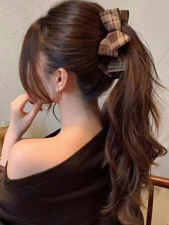 1个复古棕色格子蝴蝶结发夹，女士新款秋冬爪夹发饰，多层蝴蝶结发夹，发髻扭转香蕉夹发饰