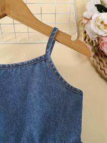 Bộ trang phục mùa hè cho bé gái - Áo denim nhún bèo không tay kết hợp với quần short denim giặt thường ngày viền ren, thích hợp cho du lịch mùa hè, đi biển hoặc mặc hàng ngày - Rửa trung bình - Xem 4