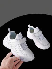 1 Pair Kids' Low-Top Casual Sneakers, Solid Color, Adjustable Hook And Loop, Easy On/Off, Suitable For Spring/Autumn - White - View 4