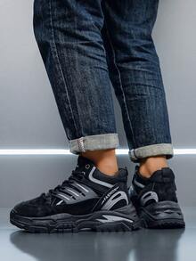 Black Sneakers, Men's Casual Sneakers, New Fashionable Sneakers, Comfortable, Versatile Thick-Soled Heightening Sneakers Mid Top Lace Up Men's Hiking Shoes - Black - View 5