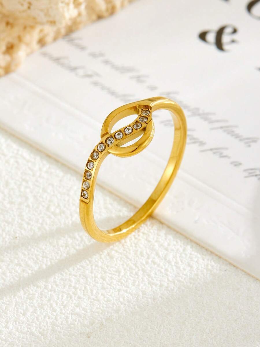 1pc 18K Gold-Plated Stainless Steel Hollow Wavy Interlocked Double Hoop Ring With Cubic Zirconia, Creative Design Fashionable Versatile Ring, Stylish Daily Wear Jewelry Gift For Women - Creative Wave-patterned Double-ring Ring Set With Artificial - View 1
