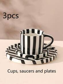 Zestaw 3 klasycznych ceramicznych filiżanek do kawy w paski, spodków i talerzyków, minimalistyczne kubki w stylu retro, skandynawskie, odpowiednie do latte, kawy, matchy, herbaty, kawy arabskiej, duża pojemność amerykańskiej filiżanki do kawy, świetny prezent dla przyjaciół i rodziny - Wielokolorowe - Zobacz 15