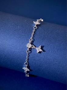 1 件 925 银可爱清新锆石四叶草吊坠脚链，女性外出、海滩、度假的最佳配饰