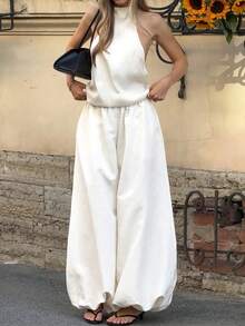 Women's White Drawstring Wide Leg Palazzo Pants, Elastic Waist, Loose Fit, Suitable For Beach, Vacation, Casual Everyday Wear - White - View 1