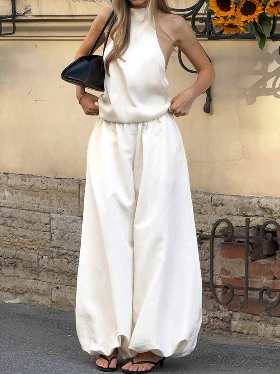 Women's White Drawstring Wide Leg Palazzo Pants, Elastic Waist, Loose Fit, Suitable For Beach, Vacation, Casual Everyday Wear - White - View 1