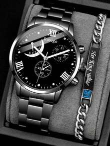 2pcs/Set Fashionable Business Gentleman Round Black Steel Band Quartz Watch, Paired With Rhinestone Bracelet Combination Gift Set, Suitable For Holidays, Parties, Business And Daily Wear - Black - View 4