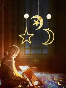 3pcs Moon & Star Window Lights, Suction Cup Hanging LED Battery Powered Holiday Decor Lights, Indoor/Outdoor Decoration For Home Gatherings, Weddings, Birthdays, Valentine's Day - Multicolor - View 5