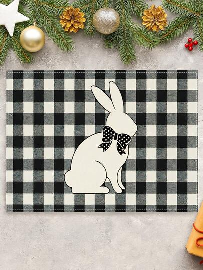 4件套复活节餐垫，黑白格纹条纹复活节彩蛋图案，配可爱兔子，易于清洁，室内外圆形餐桌适用，节日家庭餐桌装饰