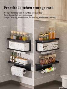 2-In-1 Kitchen Paper Towel Holder & Spice Rack, Wall-Mounted Cling Film & Paper Towel Dispenser, Tissue Box Organizer, Kitchen Storage Rack - Multicolor - View 3