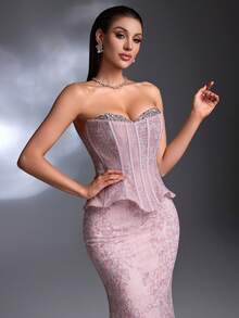 AMILUCK Women's Elegant Luxury Strapless Neckline Hand-Beaded, Fishbone Pressed Line Ruffle Trim Cold Shoulder Open Back Slim Fit 2 In 1 Evening Gown, Formal Dinner Party Wedding Guest Dress - Pink - View 2