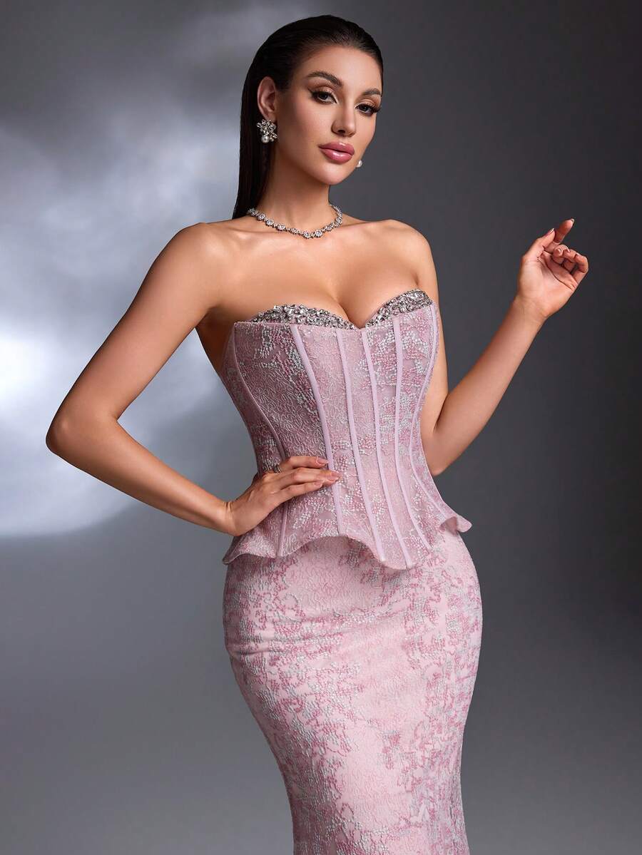 AMILUCK Women's Elegant Luxury Strapless Neckline Hand-Beaded, Fishbone Pressed Line Ruffle Trim Cold Shoulder Open Back Slim Fit 2 In 1 Evening Gown, Formal Dinner Party Wedding Guest Dress