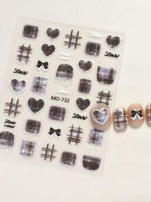 棕色经典格子蝴蝶结美甲贴纸 - 高级多功能心形蝴蝶结美甲贴纸，秋冬款