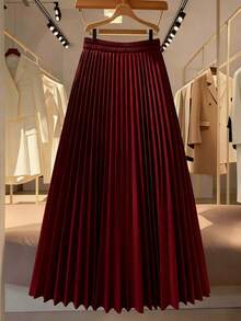 Burgundy Pleated Flare Dress, Women's Fashion Polyester Long Skirt, Non-Stretch, Casual Elegant Design Spring - Burgundy - View 5