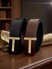 Cinturón vintage de alta calidad para hombre con hebilla lisa en forma de T dorada, estilo de diseñador - Multifuncional casual y versátil, adecuado para el uso diario y ocasiones formales, regalo ideal para el novio - Multicolor - Ver 6