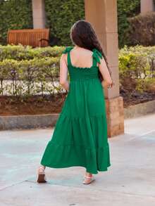 Girls' Long Three-Tiered Dress With Straps | Duna Fabric | Elastic Back | Sizes 12 To 16 - 綠色 - 查看 3