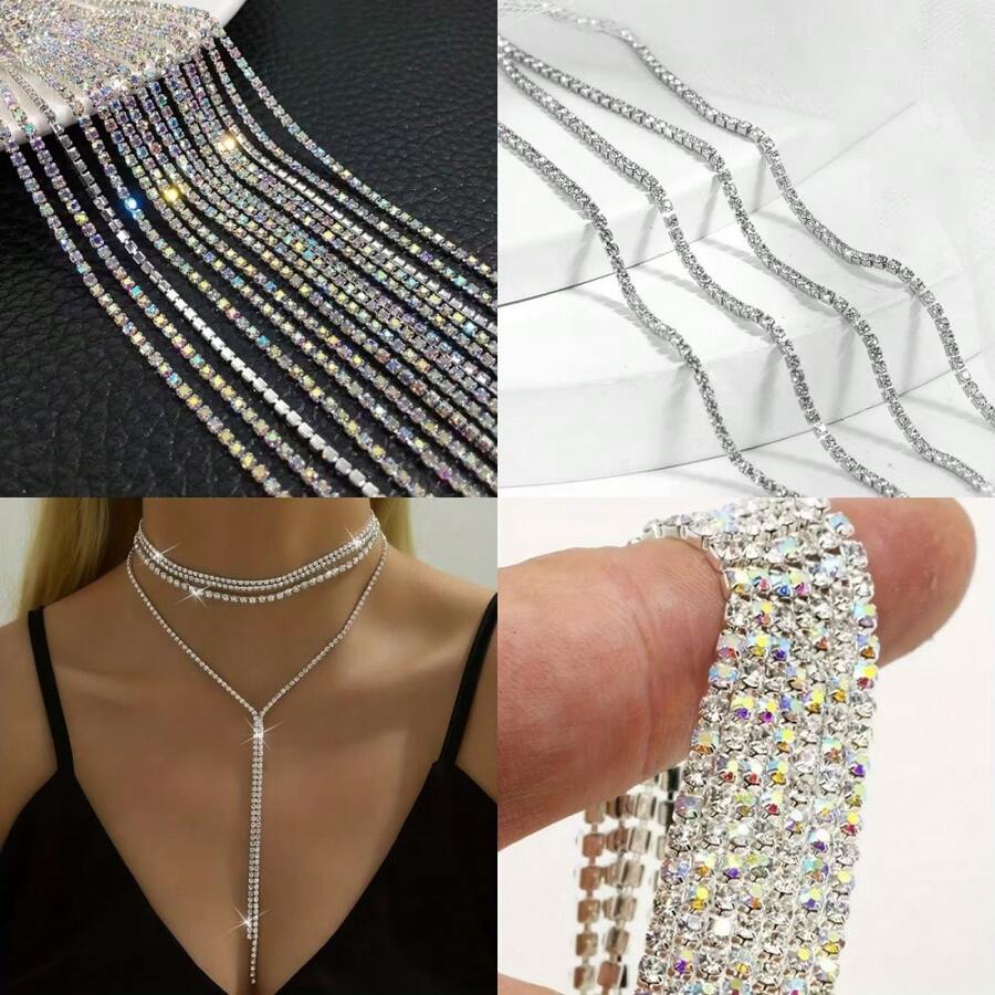 10yards 2mm/4mm Crystal Rhinestone Tight Chain, Crystal Rhinestone Chain For Sewing Or Gluing Decoration On Clothes, DIY Chain Accessories