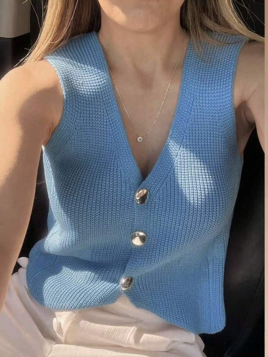 Nadia Women's Fashion Vest With Button - Dusty Blue - View 1