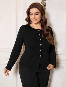 Plus Size Women's Fitted Round Neck Metal Button Cardigan, Black - Black - View 5