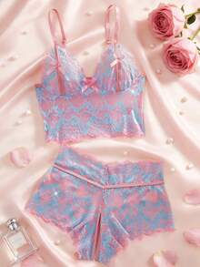 睫毛蕾丝性感内衣套装蝴蝶结镂空露胸文胸开裆女式V领性感可调节肩带内衣套装 - 天藍色 - 查看 2