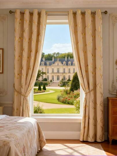 1片米色花卉图案箔纸窗帘，柔软遮光窗帘，带孔眼遮光窗帘，适用于客厅、餐厅、卧室、酒店、家庭或办公室，全新田园风格卧室客厅窗帘