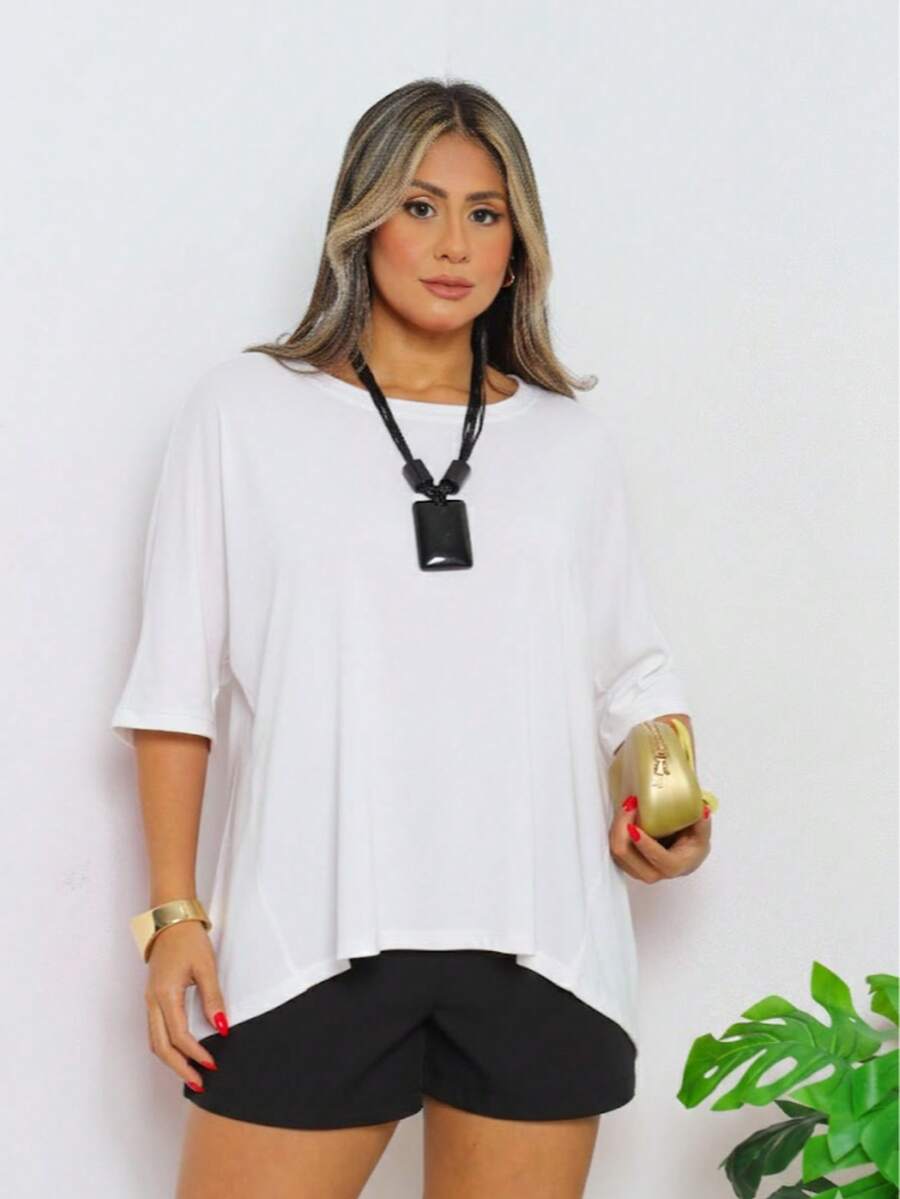 Women's Oversized T-Shirt In Loose-Fitting Knit Fabric, Casual Summer Style. - 白色 - 查看 1