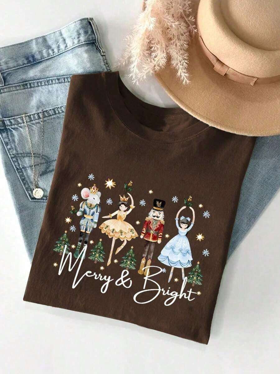 Comfortable T-Shirt With Christmas Nutcracker Print, Watercolor Christmas Joy, Sparkling Winter Party Ballet, Family Christmas Gift For Women, Women's Graphic T-Shirts - 巧克力棕 - 查看 1