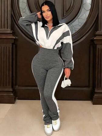 Color Block Patchwork Sports Set, Women's Casual Cinched Waist Long Sleeve Top + High Waist Skinny Pants