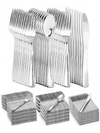 1/25/75/150 piezas Juego de cubiertos plateados, incluye 25 piezas de cuchillos, 25 piezas de tenedores, 25 piezas de cucharas, tenedores para ensalada/aperitivo/postre/pastel/fruta, adecuado para el hogar, la cocina, el bar, el restaurante, el hotel, la boda, el aniversario, Año Nuevo, Halloween, Navidad, Pascua, San Valentín, Acción de Gracias, regalo de Navidad, regalo para fiesta de Halloween o Navidad, suministros de cocina