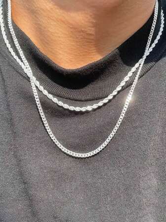 2pcs/Set Stainless Steel Twist Rope Double Layer Necklace, Non-Fading Layered Necklace For Men, Suitable For Daily Wear, Christmas, Father's Day Gift