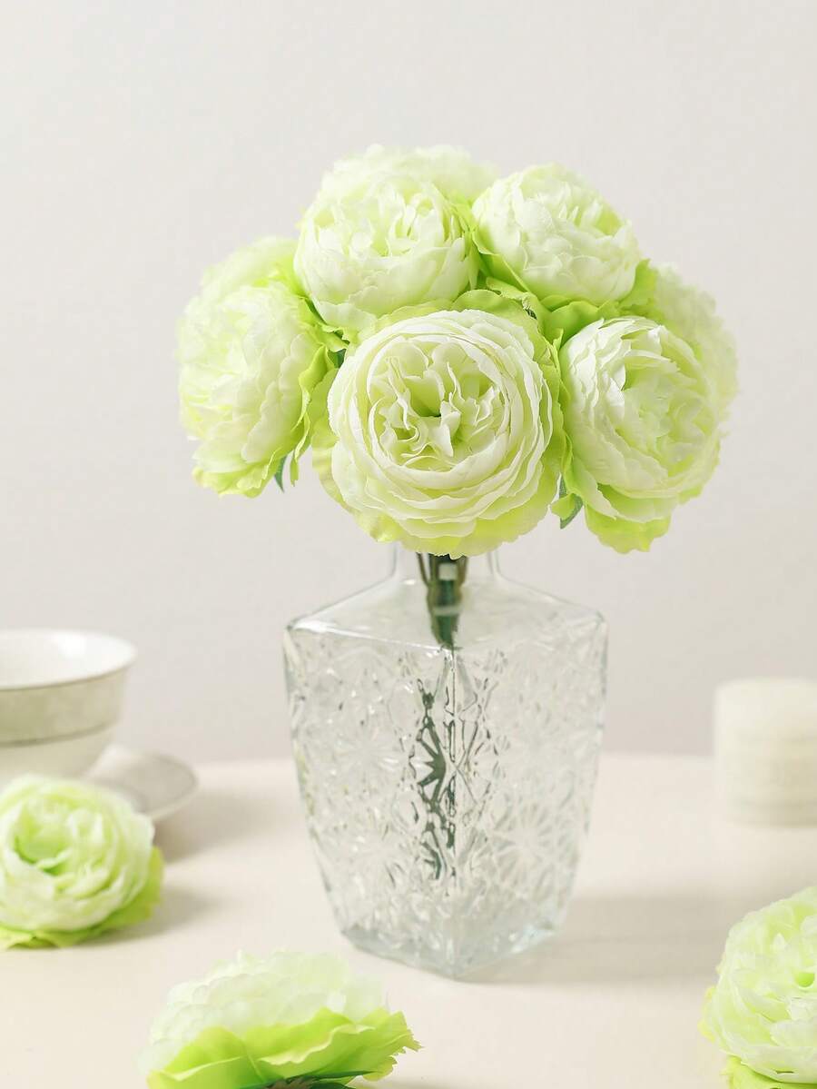 12/24 peças de flores artificiais de peônia, cabeças de flores de peônia simuladas com hastes para decoração de festas de casamento, decoração de bolos e centros de mesa para sala de estar, plantas artificiais, decoração de outono, decoração de quarto, mesa, jardim, artigos de decoração para ambientes. - Menta verde - Ver 1