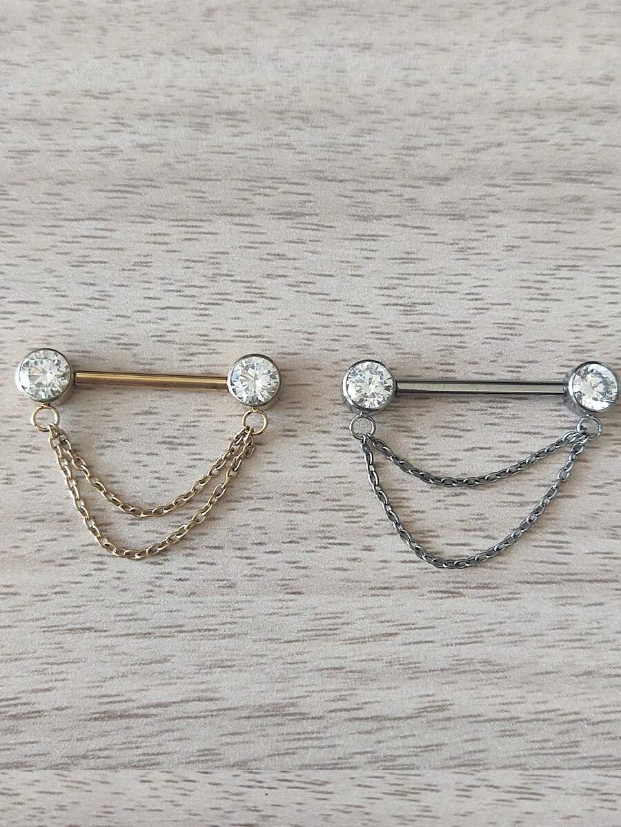 1 pièce Bijou de piercing au téton en titane G23 avec chaîne et chaton en CZ. Barres de piercing pour la langue et les tétons, piercing sexy pour les mamelons pour femmes - Clou à téton - Voir 1