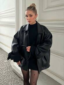 Oversized Basic Faux Leather Jacket, Long Sleeve, Double-Breasted Design, High-End, Autumn/Winter - Black - View 3