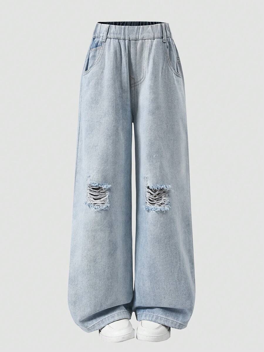 Quần Jeans Ống Rộng Rách Thời Trang Xuân/Hè Cho Bé Gái, Quần Denim Cạp Giữa Siêu Mát, Quần Jeans Ống Rộng Thường Ngày Cho Bé Gái - Màu xanh nhạt - Xem 1