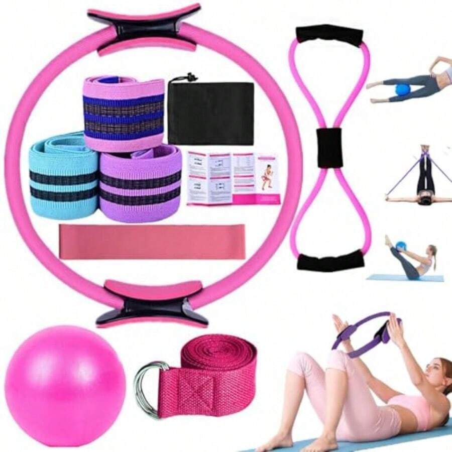 Kit Completo de Pilates en Casa con Pelota de Yoga 25 cm Anillos 8 Bandas de Resistencia y Accesorios Ideal para Yoga y Entrenamiento en Hogar - Rosa - Ver 1