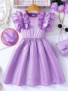 少女紫色珍珠拼接网纱无袖荷叶边收腰可爱甜美网纱连衣裙，夏季 - 紫色 - 查看 2