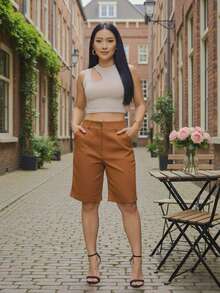 Bermuda Feminina De Linho Com Bolsos Ziper Elegante e Estilosa Verão - Caramelo - Visão 2