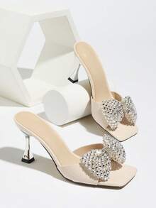Women's High Heel Shoes, Fashionable And Elegant For Parties, Outdoor Events, And Formal Occasions. Features Sparkling Rhinestone Bow Decor, Square Toe, Soft And Comfortable Texture, Slip-On Design, Suitable For Formal Wear, Casual Outings, And Travel. - Apricot - View 7