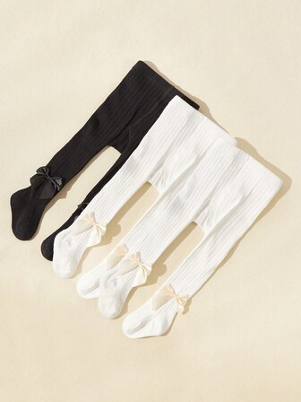 3 คู่ ถุงน่องสีพื้นสำหรับเด็กเล็ก ประดับโบว์, สีลูกกวาด, เลกกิ้งสำหรับฤดูใบไม้ผลิและฤดูใบไม้ร่วง