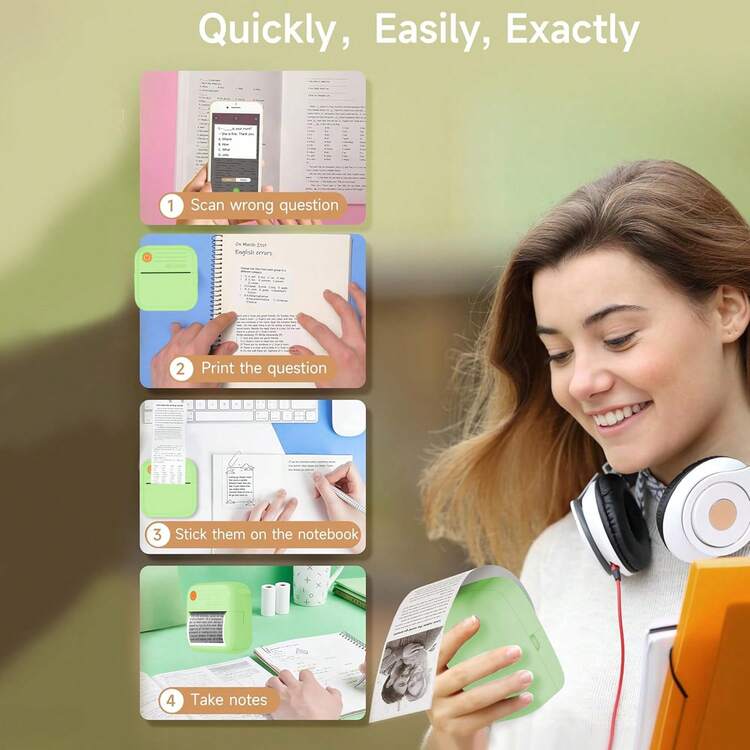 Impresora térmica portátil con un solo rollo de papel térmico - Mini impresora móvil de recibos, impresora de pegatinas sin tinta y de bolsillo para teléfonos inteligentes, para fotos, diarios, notas, memorandos, impresión DIY, etc. (compatible con teléfonos inteligentes) - Celeste - Añade 5
