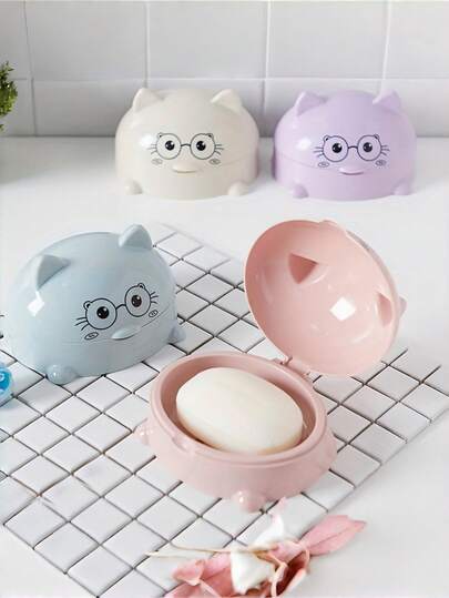 New Cute Bathroom Soap Dish With Cover, Practical And Convenient, Creative Large Cartoon Cat Shaped - Hanging Capable, Oval Plastic Bathroom Essential Tray, Nordic Style Plastic Soap Dish, Bathroom Soap Dish Storage Tray Rack Bathroom Accessories