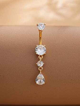 1 pieza Anillo de ombligo de acero inoxidable con gota de agua y 3 segmentos de circonita, joyería sexy de piercing para mujeres