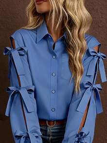 Camisa de manga larga de un solo pecho con decoración de lazo de unicolor para mujer, primavera - Azul - View 4